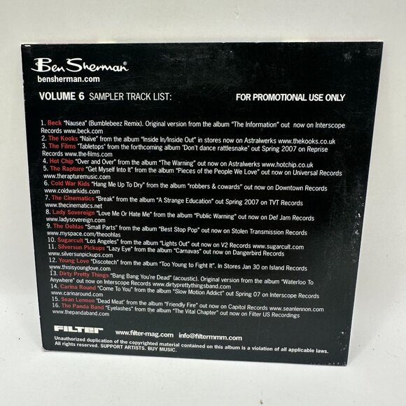 Ben Sherman Filter Volume 6 CD Sampler Promo Indie Rock Pop Various Artists - Picture 2 of 3